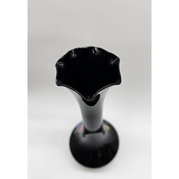 Vintage Black Glass 8" Bud Vase With Handpainted Flowers Floral Design Boho - Picture 3 of 7
